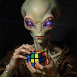 a baroque close - up shot of an alien cyborg god, solving a rubiks cube, with colorful laser eyes. black background. studio lighting, big eyes. highly detailed science fiction fantasy painting by norman rockwell, moebius, frank frazetta, syd mead, and sandro botticelli. high contrast. renaissance masterpiece. artstation.