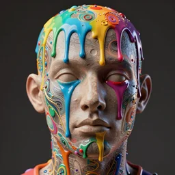 a beautiful intricate 3D render of colorful acrylic paint dripping down the face of a humanoid by zach sutton, perfection!, studio lighting, 50mm lens, 3d render, octane render, deep depth of field, artstationHQ, 8K