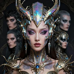 hyperrealistic detailed portrait of a beautiful goddess in an iridescent cyber headdress, intricate cyberpunk make - up, art by android jones, nekro borja, alphonso mucha, h. r. giger, ornamental gothic - cyberpunk,
