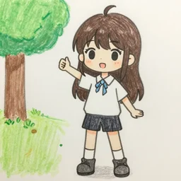 very poorly drawn anime girl, cute outfit, posing, crayon art, very silly looking, very anime, interacting with real world