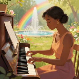 donda west playing the piano in a garden, illustration, fountain pen, digital art, vintage, field of view, warm color palette, rainbow, spectral color, volumetric light, vapor, mist, floral, piano