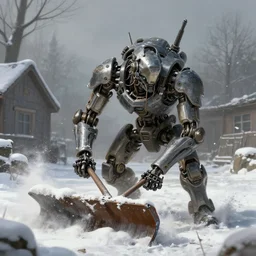 mech being exhaisted from plowing snow from it's front yard, highly detailed, scifi, fantasy, highly detailed, digital painting, trending on artstation, concept art, sharp focus, illustration, global illumination, shaded, art by simon stalenhag