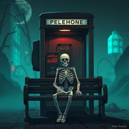 a skeleton sitting on a bench in front of a phone booth, cyberpunk art by tomer hanuka, behance contest winner, pop surrealism, 2 d game art, macabre, hellish background