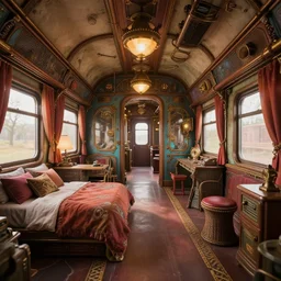 steampunk train bedroom interior, colorful, contrast, depth of field, 3 d scene, render, greg rutkowski, zabrocki, karlkka, jayison devadas, trending on artstation, 8 k, ultra wide angle, zenith view, pincushion lens effect