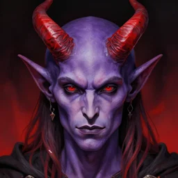 detailed, symmetrical, close - up, airbrush art portrait of a level 5 tiefling d & d bard | he has purple skin and red horns | background is black and red