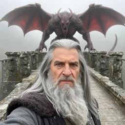 Selfie taken by an overconfident Gandalf the Grey on the Bridge of Khazad Dum, a balrog looming in the background,