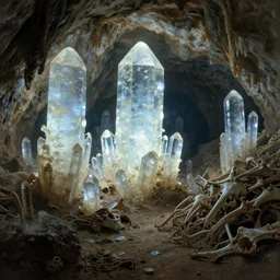 a cave with huge glowing crystals in the walls and piles of bones on the floor, art by donato giancola