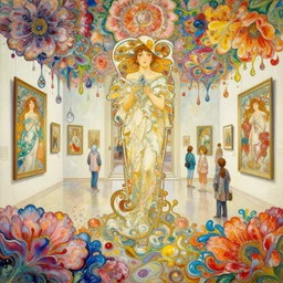an intricate oil painting of a picture galery surounded by hiper detailed inkdrop in water, flowers, fluid acrilic art, melting colorfull wax, coloful flower petals, colorfull, excelent composition, wide shot, by yoshitaka amano, by greg rutkowski, by alphonse mucha by jeremyg lipkinng, by rhads, by ross tran