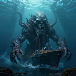 ship monster in the deep dark sea, thalassophobia, realistic, highly detailed