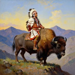 beautiful native american riding bison, buffalo, powerful native american warrior, mountain range, beautiful sky, standing on the edge of a cliff, nineteenth century, painted by frazetta