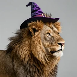 extremely realistic portrait of a real life lion king with a very long fur and a wizard hat, fantasy, trending on artstation, heroic pose, highly detailed, profile picture,  8k