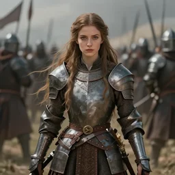 gorgeous medieval warrior princess in a battle scene, long hair, shallow depth of field, matte painting by karole bak, by hasui kawase