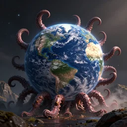 The earth being eaten by a space monster with tentacles
