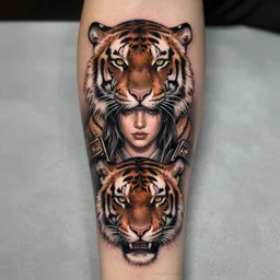 tattoo design of a beautiful girl warrior below a tiger head, hyper realistic, realism tattoo, by eliot kohek, beautiful eyes, realistic face, black and white, white background