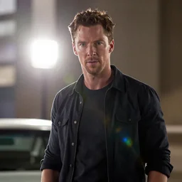 benedict cumberbatch as brian o'conner from the fast and furious movie still, cinematic lighting, ray tracing, octane render, long lens, shallow depth of field, bokeh, anamorphic lens flare, 8 k, hyper detailed, 3 5 mm film grain