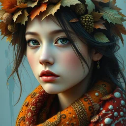 environmental shot portrait of beautiful girl by irakli nadar with intricate detailed color smashing fluid oil paint and acrylic, dried moss and dried autumn leaves headdress, melting wax, mycelia, abstract impressionism, ruan jia, fantasy, hyper detailed, concept art, by gustav klimt,