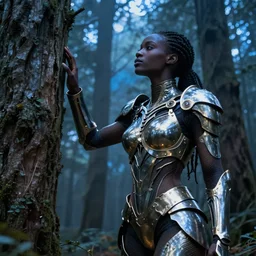 hyperrealistic very beautiful! black woman with detailed exoskeleton armor, touching tree, in a forest, digital art brad kunkle elson peter, dramatic blue light low angle hd 8k sharp focus