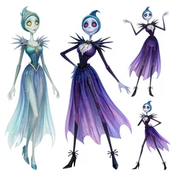 Character concept fashion spot illustrations of Disney's Nightmare Before Christmas and Encanto crossover, colorful, full-body, bloom, dynamic poses, diaphanous cloth, intricate crystalline and feather jewelry, ornate, filigree, arcane, cinematic lighting, by Artgerm, by Alphonse Mucha, by Bouguereau, by Sakimichan, fantasy, portfolio illustration, highly detailed, trending on Artstation, CGsociety, HQ, 8k, 35mm lens, f2.8, Bokeh,