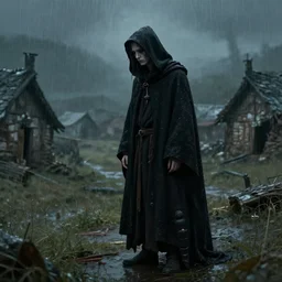 a wandering, pale, sad wizard, dressed in a black traveling cloak. The background is a poor village in the rain, fantasy concept art by Claudio Tumiati and Andre Mello, trending on Artstation.