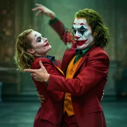 batman dancing with the joker, highly detailed, digital art beautiful margot robbie with joker makeup, highly detailed, realistic face, digital art