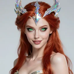 amazing digital art of cute gorgeous beautiful red haired smirking super model alien woman as futuristic aphrodite greek goddess wearing a holographic headdress, beautiful piercing gaze with green eyes and sharp pupils, sexy, full view, in the style of greg rutkowski and wlop, artgerm, alex ross, mucha, fantasy, amazing detail, epic, elegant, smooth, sharp focus, front view