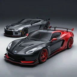 a sports car based on nissan, bmw and chevy sports car body styles, with black and red paint, nissan sports cars, chevy sports cars, trending on artstation, unreal engine, studio lighting, by jotaautomotive, nancorocks and khyzylsaleem