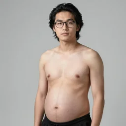 Handsome!! young Asian male model showing off his large!!!! pregnant!!!! belly, belly exposed, highly detailed, chiseled jaw, clean shaven, medium length black hair, highly detailed, wearing glasses, studio photography