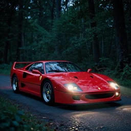 ferrari 2 5 0 in the forest, night, headlights are on, professional photography, vaporwave