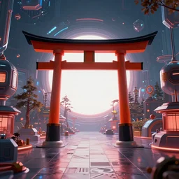 incredibly cool album cover,  depiciting a beautiful futuristic torii shinto shine, centered symmetrical, 4k ultra, trending, modern color scheme