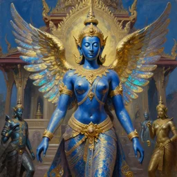 a dmt blue and golden angel goddess hindu entity thai architecture, iridescent, tim hildebrandt, wayne barlowe, bruce pennington, donato giancola, trending on artstation, cinematic composition, beautiful lighting, hyper detailed, 8 k, oil on canvas