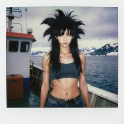 black - haired girl with wild spiky black saiyan hair with long bangs over her eyes, hair bangs down to nose, eyeless, muscular, wearing casual clothing, standing on an alaskan fishing vessel, mekoryuk, alaska, 1 9 6 5, polaroid, kodachrome, grainy photograph