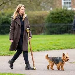 woman walking a ( ( giant ) ) staffordshire terrier