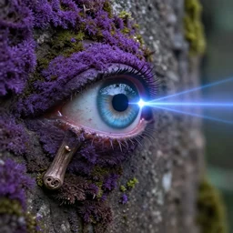 an eye - stalk in purple moss, on a wall, eye is shooting a laser beam