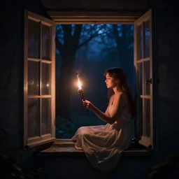 dark night, open window, fairy sitting on window sill, torch flicker
