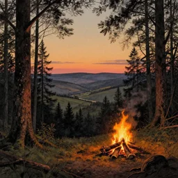 campfire on the edge of a forest overlooking a beautiful valley at dusk, cinematic lighting, intricate ink illustration, by albert bierstadt