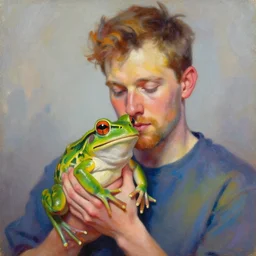 portrait of alex jones holding a frog, lovingly, rainbow colors, oil on canvas by william sidney mount, trending on artstation