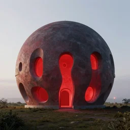 A beautiful architectural rendering of a round shaped trypophobia house with a mysterious red glow emitting from inside, by octane render and corona render, stunning, gorgeous, golden ratio, photorealistic, featured on artstation, 4k resolution