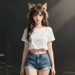 fullbody portrait of wild fluffy half - cat woman with cat nose and ears, wearing summer jeans shorts and tshirt, anime art, concept art, detailed attractive face, symmetrical, trending on pixiv, by lois van baarle, by akira toriyama, artgerm style pascal blanche and magali villeneuve