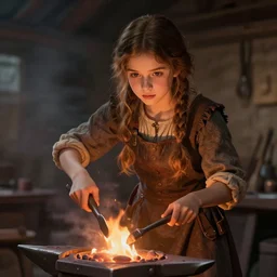 idealistic portrait of a young girl working in a blacksmith's forge, clear eyes, fair skin, beautiful hair, tools in her hands, fantasy art, fire, 8 k digital art, unreal engine, in the style of camille rose garcia and francisco de goya,