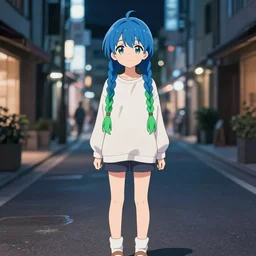 cute anime girl standing on a street, braids blue and green, singular, junichi higashi, isamu imakake, intricate, balance, full far frontal portrait, volumetric lighting, cinematic lighting, masterpiece