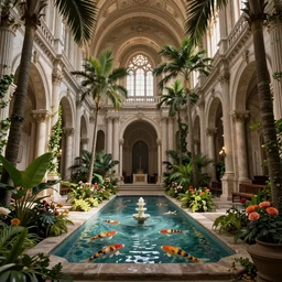 cathedral interior with koi pond in the middle surrounded by palm trees, ivy, flowers, tropical plants, roses, and with archways, rendered in octane render with photorealistic lighting, cinematic, horizontal symmetry, a flemish baroque by thomas cole, unsplash, baroque, sanctuary, unsplash contest winner, maximalism, sanctuary