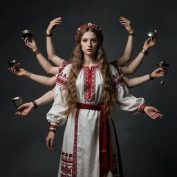marzanna slavic goddess with six arms in traditional slavic clothes : concept art zdzisław beksinski, hd, 4 k, ultra clear detailed : dark color gamma