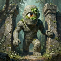 ancient stone golem with one eye covered in plants guarding the entrance to another world, art by anton fadeev