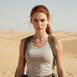 fantasy concept art, forward facing young woman, auburn hair in a ponytail, athletic, slavic features, clean face, serious demeanor, tomb raider, desert background, in the style of ruan jia, high detail, uplit, 8 k