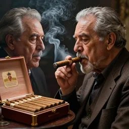 a intricately detailed portrait of an old man, smoking a lit perfectly symmetrical cuban cigar, looking at a case of freshly opened monti cristo cigars, cinematic photography, smoke rising like clouds, beautifully symmetrical, super resolution, cgi, trending on art station, volumetric lighting & shadows, hyper detailed, 8 k, unreal engine, canon 2 0 0 mm,