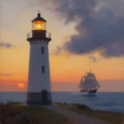 painting of a lighthouse at sunset with a sailing ship in a storm, natural light, concept art, by greg rutkowski, cozy atmospheric and cinematic lighting
