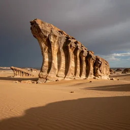 wide landscape photo of a desert with a large vertebrae!!!!! shaped rock formation