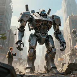 movie still frame, giant war mech walks over city, beautiful composition, 8 k, cgi, by ridley scott, zack snyder and michael bay