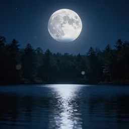 full moon shining over a lake, forest in the background, starry night, dynamic glowing lighting, volumetric, bokeh, cinematic, establishing shot, extremly high detail, photo realistic, cinematic lighting, post processed, concept art, artstation, matte painting, style by eddie mendoza, raphael lacoste, alex ross