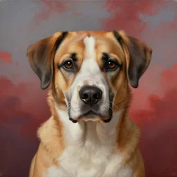 breathtaking soft painting of dog in a bloody sky, realistic symmetrical face features, rembrandt style, elegant, highly detailed, artstation, concept art, matte, sharp focus, art by tom bagshaw, and greg rutkowski